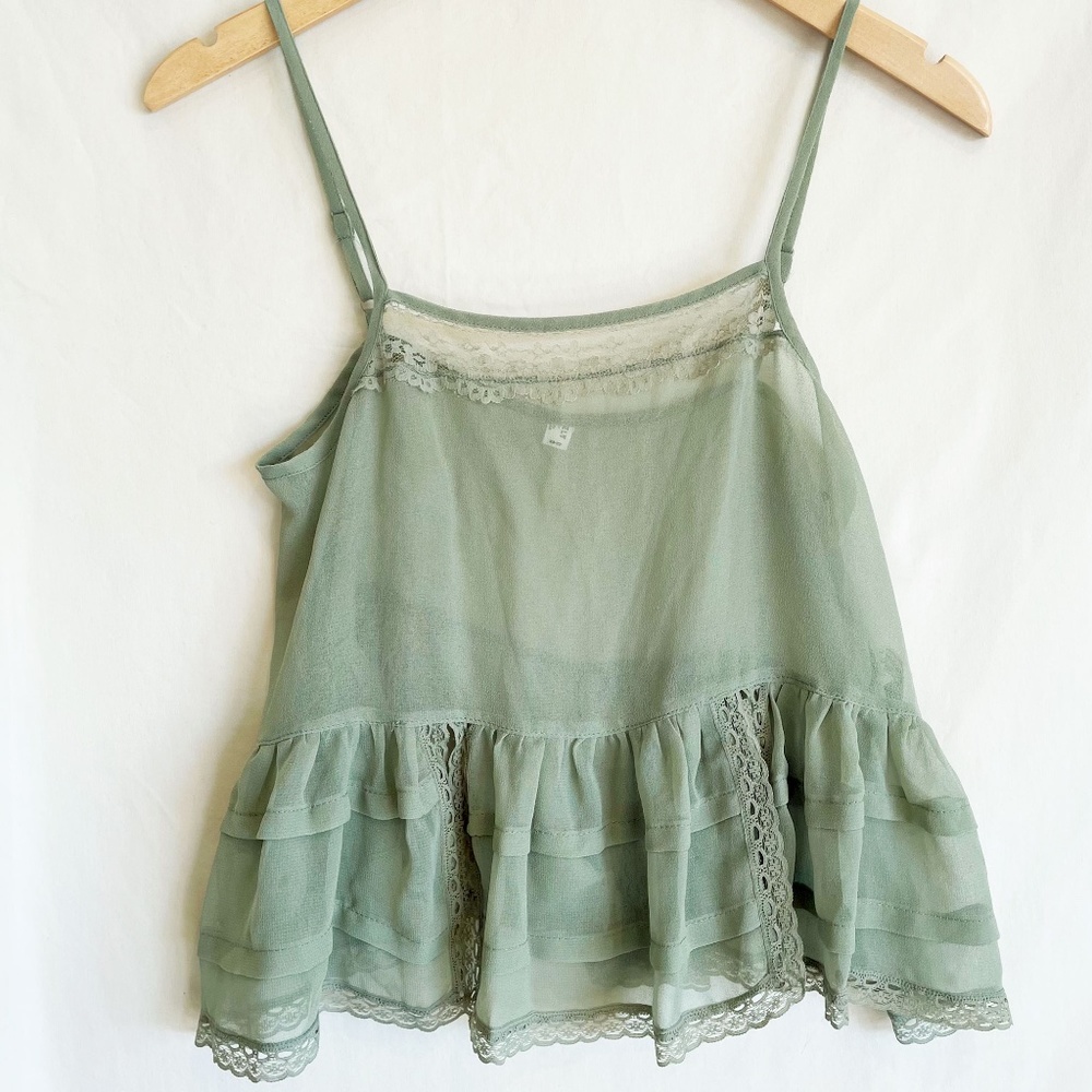 Sheer Delicate Lace and Tiered Ruffles Crop Top